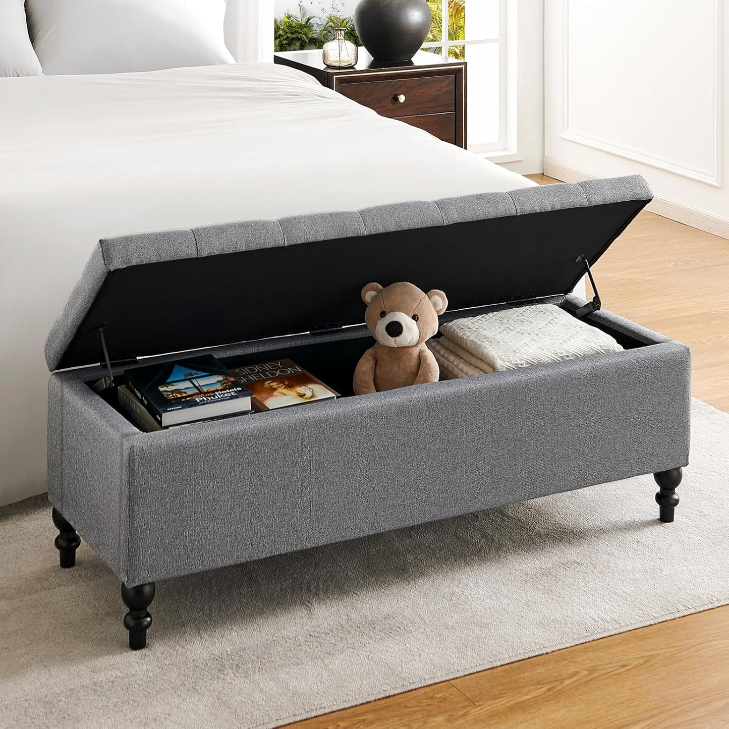 Ottoman with Storage,50.2-inch Upholstered End of Bed Storage Bench for Bedroom,for The Living Room,for Entryway, with Tray & Button and Safety Hinges,Detachable (Grey)
