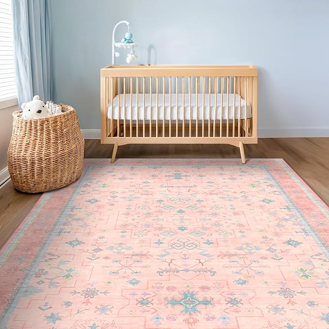 Washable Pink and Blue 7x10 Oushak Rugs for Bedroom Girls Dorm Living Room, Modern Floral Aethestic Distressed Design, Soft Low Pile Non Slip Stain Resistance Carpet