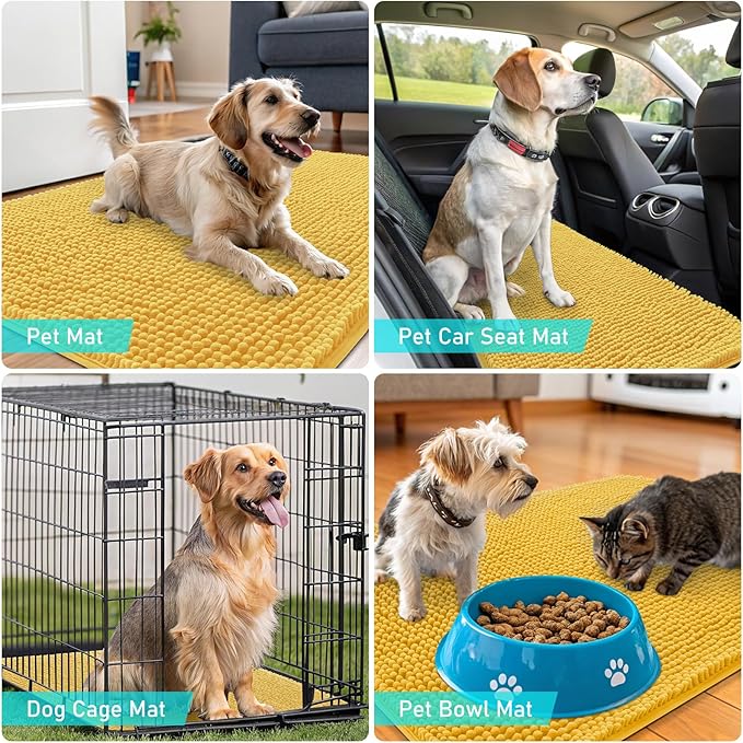 OLANLY Dog Door Mat for Muddy Paws 30x17, Absorbs Moisture and Dirt, Absorbent Non-Slip Washable Doormat, Quick Dry Chenille Mud Mat for Dogs, Entry Indoor Entryway Carpet for Inside Floor, Yellow