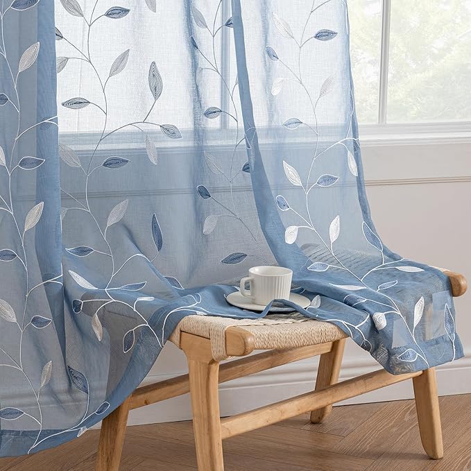 MIULEE Dusty Blue Sheer Curtains 2 Panels Embroidered Leaf Patterned Rod Pocket Floral Semi Sheer Faux Linen Window Curtains Drapes Set for Living Room Bedroom Dining Room, 52x96 Inches Long