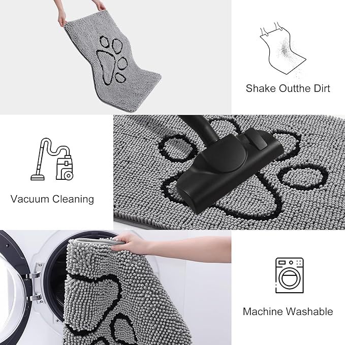 Smiry Dog Door Mat for Muddy Paws, Absorbent Dirt Trapper Non Slip Quick Dry Washable Chenille Mat for Mud Dogs, Entry Rug for Indoor and Outdoor (70x35 Inches, Grey and Black)