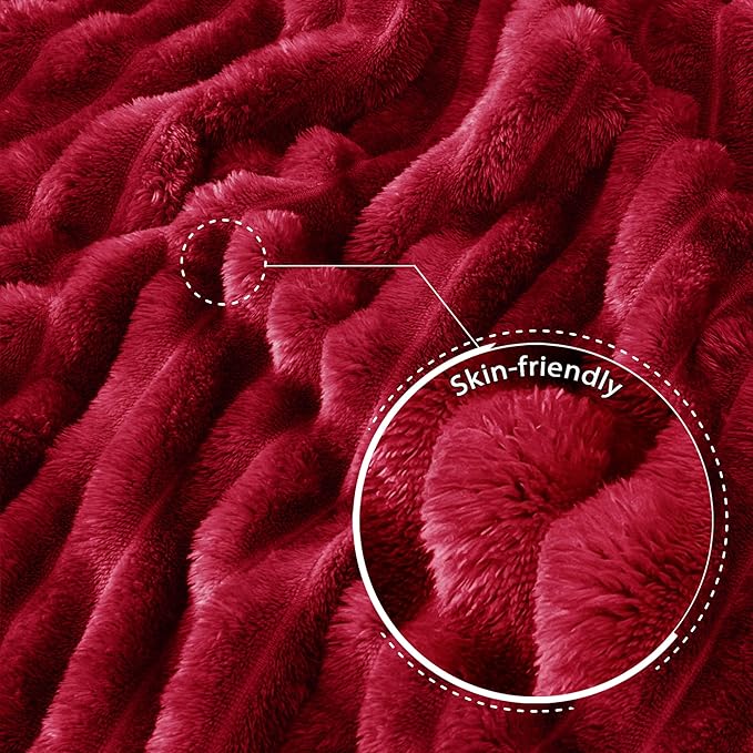 Exclusivo Mezcla Queen Size Flannel Fleece Blanket, Super Soft Striped Jacquard Bed Blanket, Lightweight Fuzzy Cozy for All Seasons, 90x90 Inches, Deep Red