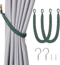 NICEEC 2 Pack Natural Cotton Rope Curtain Tiebacks Elegant Boho Style Decorative Drape Tie Backs Soft Hand-Woven Rope Curtain Holdbacks with Metal Hook for Home & Office Drapery (Dark Green)