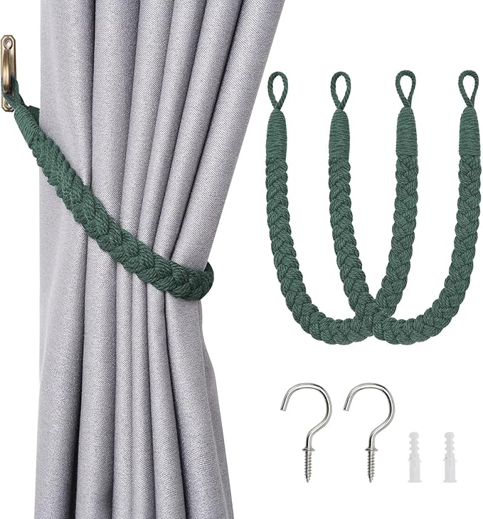 NICEEC 2 Pack Natural Cotton Rope Curtain Tiebacks Elegant Boho Style Decorative Drape Tie Backs Soft Hand-Woven Rope Curtain Holdbacks with Metal Hook for Home & Office Drapery (Dark Green)