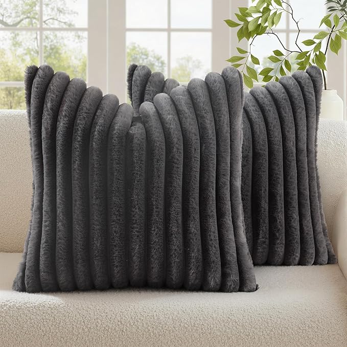 decorUhome Cozy Faux Fur Throw Pillow Covers 20x20 Set of 2 Decorative Soft Plush Striped Modern Farmhouse Boho Couch Pillow Cases with Velvet Back for Sofa Bed Living Room, Dark Grey