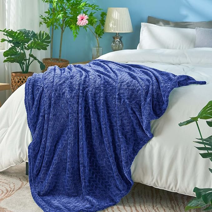 inhand Navy Fleece Queen Blanket for Bed, Super Soft Flannel Cozy Blankets for Adults, Lightweight Leaves Pattern Fuzzy Blanket for Office,Travel, Warm Plush Blankets for All Season, 90x90 Inches