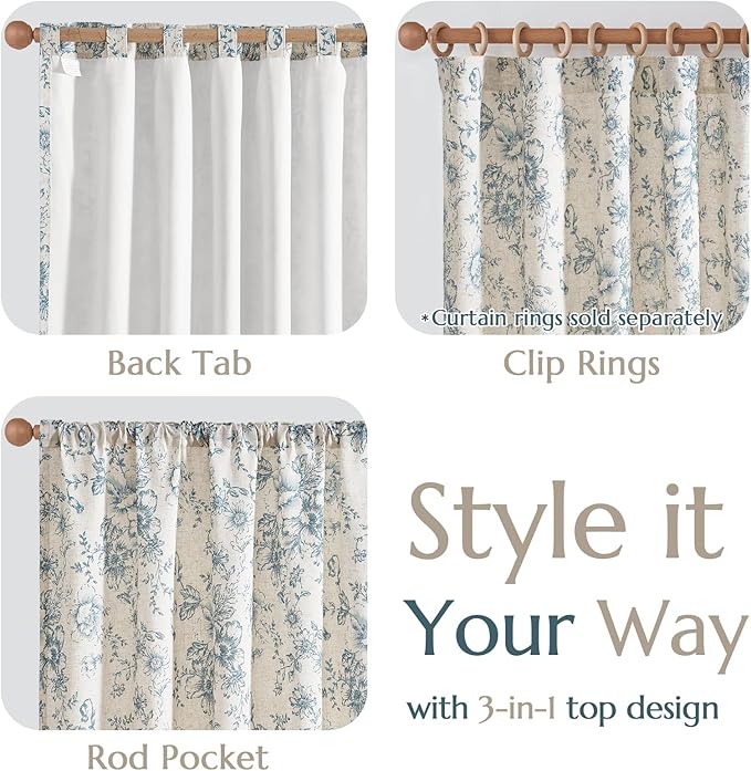jinchan Lined Linen Blend Curtain Floral Curtains for Living Room 84 Inches Long Blue Peony Flower Printed Curtain Rod Pocket Back Tab Farmhouse Patterned Drapes Bedroom Window Curtains Set 2 Panels