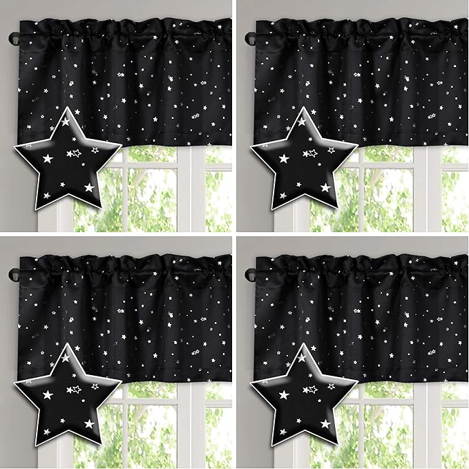 H.VERSAILTEX Blackout Curtain Valances for Kitchen Window/Living Room/Bathroom Privacy Added Rod Pocket Home Decoration Winow Valance, 52" W x 18" L, Glitter Stars in Black Base (Pack of 4)