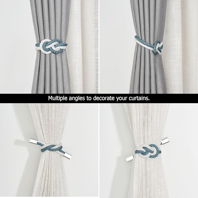 NICEEC 2 Pack Mini Magnetic Curtain Tiebacks Nordic Simple Style Drape Tie Backs Elegant Hand Weave Rope Knot Decorative Curtain Holdbacks for Home & Office Thin Window Drapery (Teal & White)