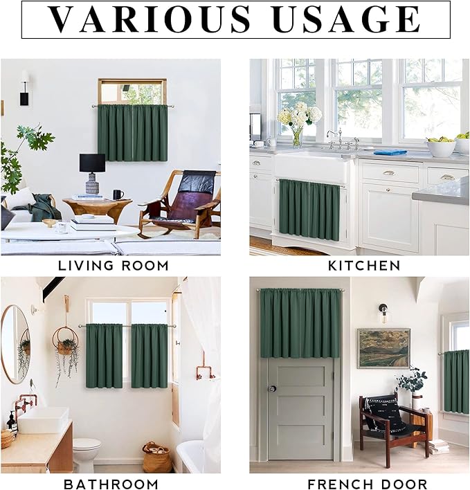 RYB HOME Short Blackout Curtains for Bedroom, Room Darkening Insulated Summer Heat Light UV Blocking Energy Saving Drapes for Nursery, Width 42 by Length 48, Dark Green, Set of 2