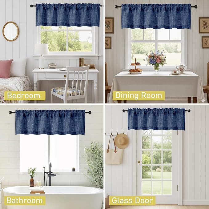 Navy Blue Valances for Windows, Light Filtering Faux Linen Textured Small Short Valance Curtains for Bathroom Basement Farmhouse, Rod Pocket Top Half Curtains for Windows, 60" Wx20 L