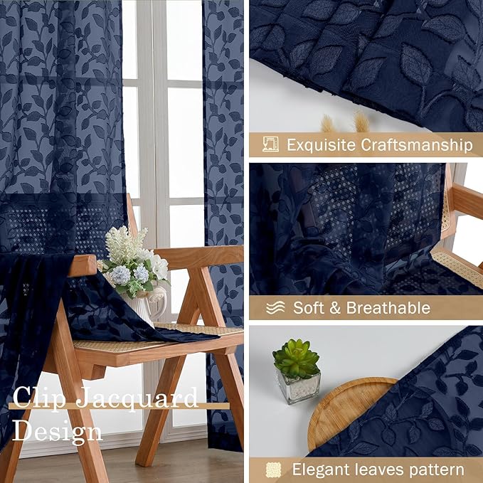 Chyhomenyc Extra Long Navy Blue Sheer Curtains 120 Inch Length 2 Panels Set, Light Filtering Tufted Textured Soft Airy Rod Pocket Gentle Leaf Window Treatment Drapes for Living Room, 52"Wx120"L, 2PCS