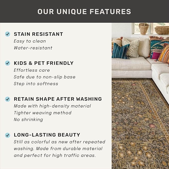 Non Slip 2x8 Gold Brown Long Runner Rug, Washable Runner Rug for Hallway, Bathroom, Entryway Rug, Stain Resistant Kitchen Floor Mat - Vintage Floral Indoor Décor, Low Pile Soft Carpet