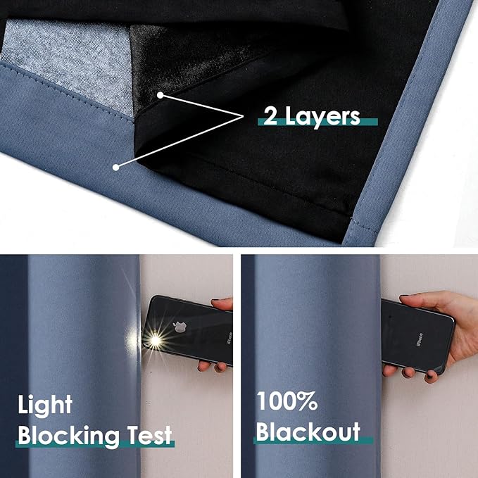 ChrisDowa 100% Blackout Curtains 80 inch Long for Bedroom with Black Liner, 2 Thick Layers Total Blackout Thermal Insulated Grommet Window Curtains 2 Panels Set (Stone Blue, 52 x 80 Inch)