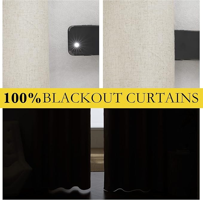 NICETOWN Natural Thick Linen Blend 100% Blackout Curtains 60" Long 2 Panels Set for Bedroom, 34" Wide, Rustic Grommet Thermal Insulated Flax Textured Full Blackout Window Draperies with White Liners
