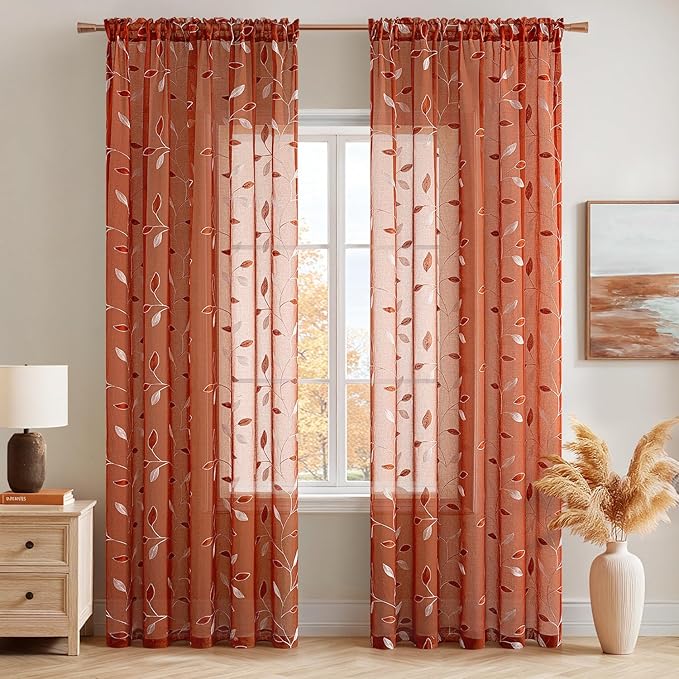 MIULEE Terracotta Sheer Curtains 2 Panels Embroidered Leaf Patterned burnt Orange Rod Pocket Floral Semi Faux Linen Fall Window Curtains Drapes Set for Living Room Bedroom Dining Room, 52x84 Inch Long