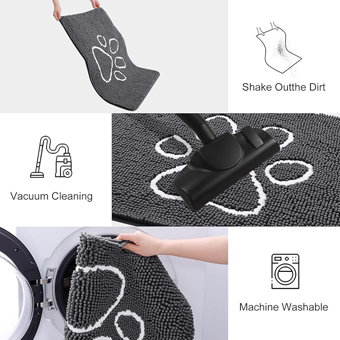 Smiry Dog Door Mat for Muddy Paws, Absorbent Dirt Trapper Non Slip Quick Dry Washable Chenille Mat for Mud Dogs, Entry Rug for Indoor and Outdoor (70x35 Inches, Dark Grey and White)