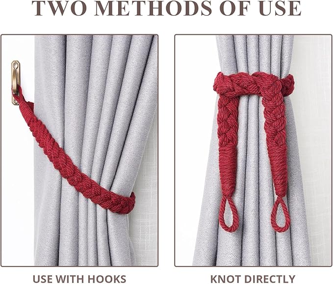 NICEEC 2 Pack Natural Cotton Rope Curtain Tiebacks Elegant Boho Style Decorative Drape Tie Backs Soft Hand-Woven Rope Curtain Holdbacks with Metal Hook for Home & Office Drapery (Wine Red)