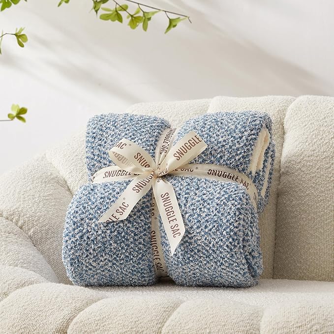 Snuggle Sac Blue Bedding Blanket Twin Size for Bed and Sofa, Reversible Super Soft Blankets Warm Cozy Knit Blankets Fuzzy Plush for Couch, Living Room, Blue, 60x80 inches