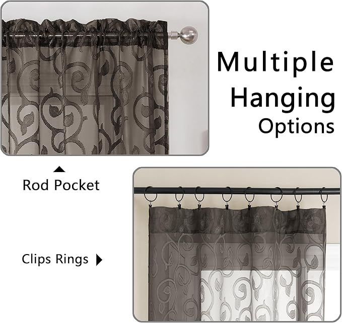 OWENIE Furman Chocolate Sheer Curtains 72 inches Long for Bedroom Living Room 2 Panels Set, Light Filtering Sheer Door Curtains with Elegant Clip Jacquard Rod Pocket Curtains, 2 Pcs = 80" Width