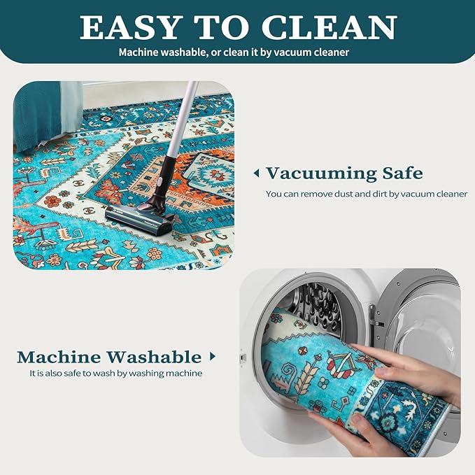 SERISSA Area Rug 3x5 Boho Blue Rugs for Bedroom, Washable Non-Slip Kitchen Rugs, Ultra Soft Print Distressed Tribal Entry Rug Low-Pile Throw Rug Carpet for Bedroom Nursery Living Room Dorm Decor