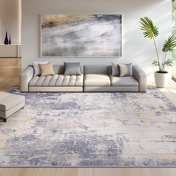 Washable Area Rugs 5'x8' Non-Slip Modern Abstract Soft for Living Room Entryway Bedroom Nursery, Print Pattern, Purple Grey Cream Yellow