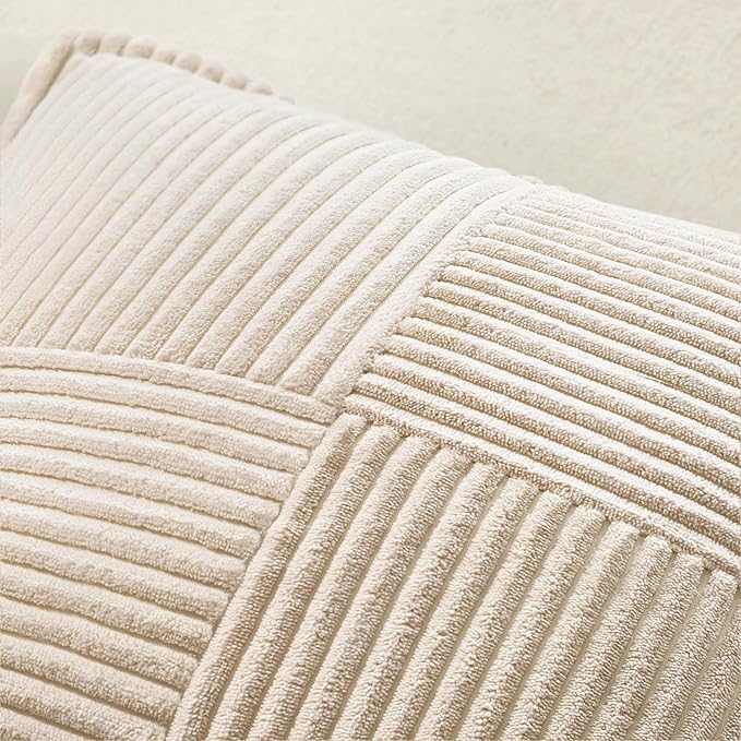 MIULEE Decorative Lumbar Throw Pillow Covers for Couch Bed Livingroom 14x24 Inch Set of 2 Beige Boho Accent Throw Pllows Broadside Striped Patchwork Soft Corduroy Pillowcases