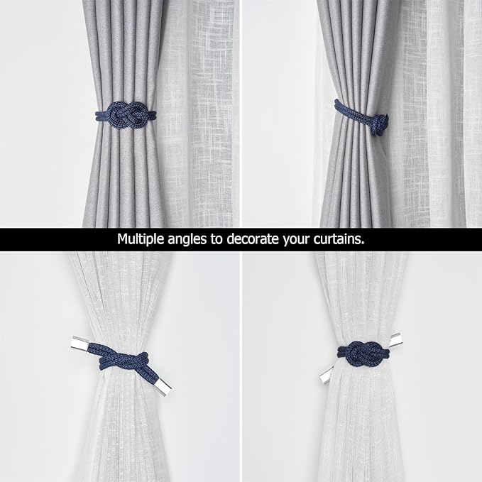 NICEEC 2 Pack Mini Magnetic Curtain Tiebacks Nordic Simple Style Drape Tie Backs Elegant Hand Weave Rope Knot Decorative Curtain Holdbacks for Home & Office Thin Window Drapery (Dark Blue)
