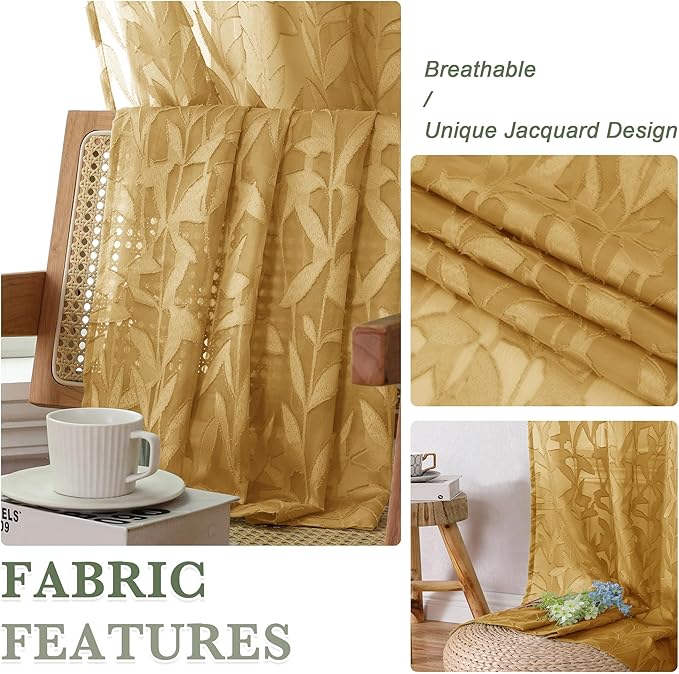 Lecloud Leia Dark Gold Sheer Kitchen Curtains 36 Inch Length, Breathable Clip Textured Leaf Cafe Bedroom Voile Curtain Tiers, Dual Rod Pockets Jacquard Bathroom Bedroom Drapes, 40 W x 36 L