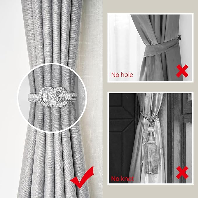 NICEEC 4 Pack Mini Magnetic Curtain Tiebacks Nordic Simple Style Drape Tie Backs Elegant Hand Weave Rope Knot Decorative Curtain Holdbacks for Home & Office Thin Window Drapery (Grey & White)