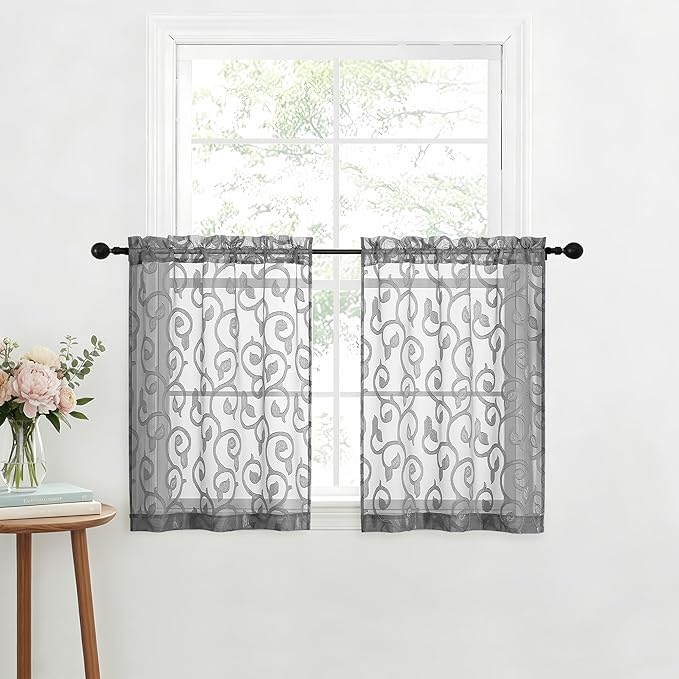 OWENIE Furman Cafe Curtains 30 Inch Length 2 Panels Set, Elegant Geometric Jacquard Short Sheer CurtainsTiers for Kitchen/Living Room/Bedroom Small Window 28" W x 24" L, Grey