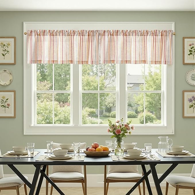 jinchan Valance Curtain Linen Textured Striped Window Curtain for Living Room Light Filtering Farmhouse Valance for Kitchen Rod Pocket 1 Panel 16 Inch Multi Red on Linen