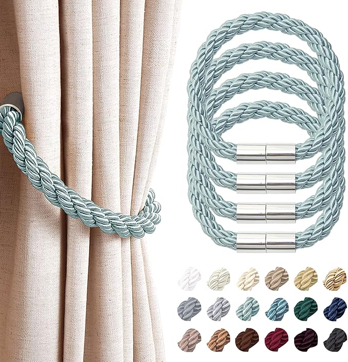 NICEEC 4 Pack Strong Magnetic Curtain Tiebacks Modern Simple Style Drape Tie Backs Convenient Decorative Weave Rope Curtain Holdbacks for Thin or Thick Home & Office Window Draperies (Blue-Grey)