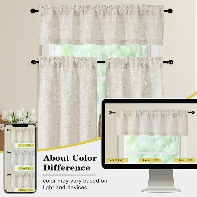 Natural Valances for Windows, Light Filtering Faux Linen Textured Small Short Window Curtain for Bathroom Basement Farmhouse, Rod Pocket Top Half Curtains for Windows, 60Wx22L Inch