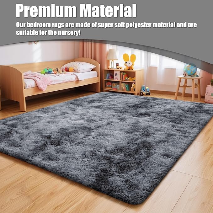Ultra Soft Fluffy Area Rugs for Bedroom Living Room 10x14, Nursery Rug, Non-Slip Carpet for Kids Dorms Decor, Shaggy Bedside Rug, Tie-Dyed Black