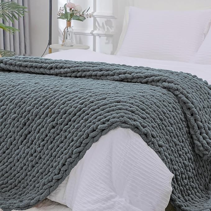 Bigacogo Chunky Knit Throw Blanket for Couch, 51x63 inches, 100% Hand Knitted with Thick Jumbo Chenille Yarn, Cozy Soft Large Rope Knot Cable Crochet Blankets for Sofa Bed Living Room, Iron Gray