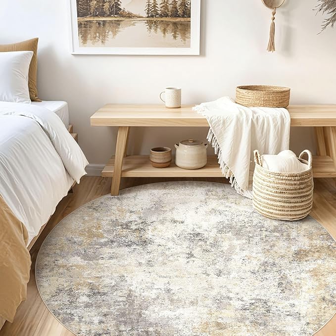 UERMEI 6ft Round Area Rug Living Room Rugs - 6x6 Washable Neutral Modern Abstract Soft Thin Rug Indoor Floor No Slip Rug Carpet for Bedroom Under Dining Table Home Office Decor - Golden Grey