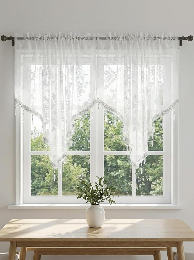 Molaxhome Swag Curtain 51 inch Length Rod Pocket Scalloped Curtain Valance Sheer Lace Panels with Hanging Crystal Beads for Kitchen Bedroom Window Treatments Drape Decor 1pc (Lace White, 51Wx23L)