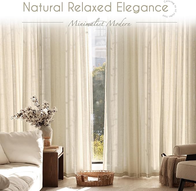 Greyish Beige Linen Curtain 108 inch Length 2 Panels Set Back Tab Light Filtering Living Room Curtain Drapes Home Office Modern Minimalist Decor Farmhouse Boho Neutral Semi Sheer Curtain 108 inch Long