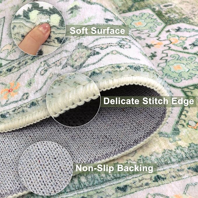 Yamaziot Washable Runner Rug, 2x8 Non-Slip Boho Vintage Hallway Rug Runner with Rubber Backing, Stain Resistant & Low Pile Faux Wool Distressed Carpet Runner for Kitchen, Laundry, Entrance, Sage Green