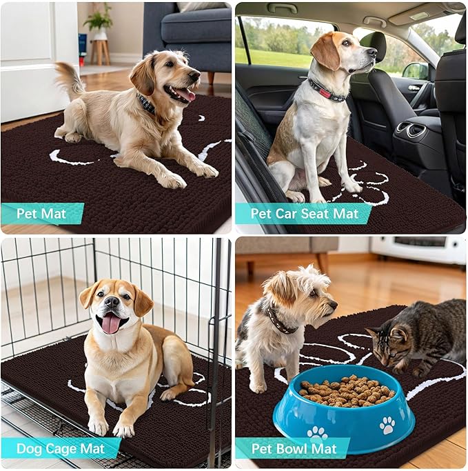 OLANLY Dog Door Mat for Muddy Paws 54x32, Paw Print Design, Absorbs Moisture and Dirt, Absorbent Non-Slip Washable Doormat, Quick Dry Chenille Mud Mat for Dogs, Entry Indoor Entryway Carpet, Brown
