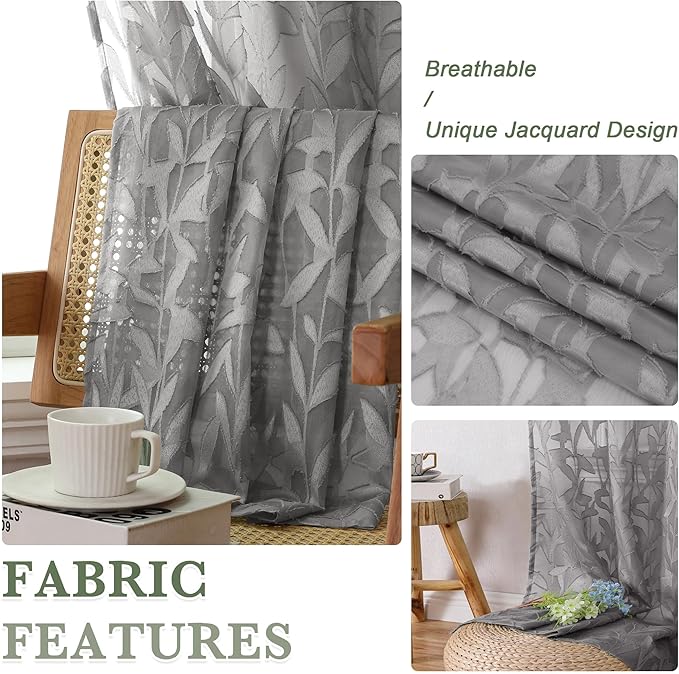 Lecloud Leia Charcoal Grey Sheer Curtains 90 Inches Long 2 Panels, Airy Leaf Textured Jacquard Drapes, Light Filtering & Privacy Dual Rod Pocket Window Curtains for Living Room Bedroom, 52" W x 90" L