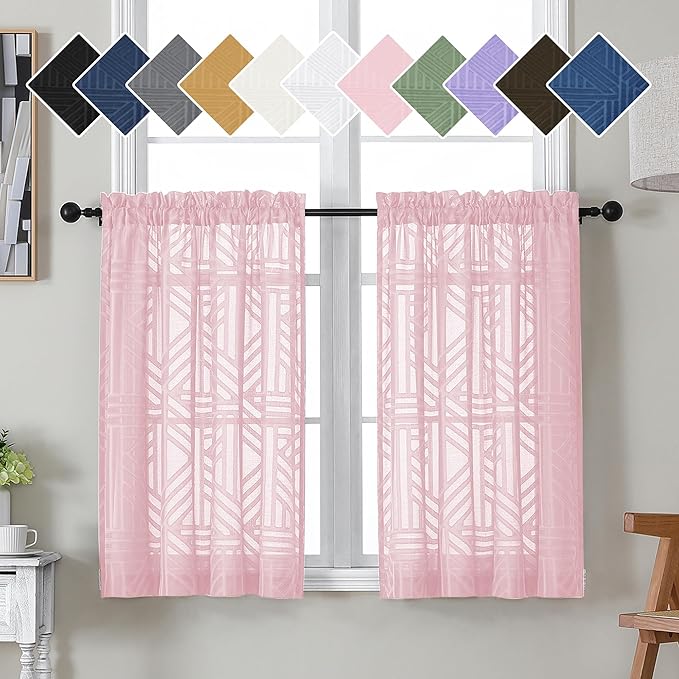 Simplebrand Blush Sheer Kitchen Curtains 36 Inch Length Tier Curtains 2 Panels, Light Filtering Geometric Jacquard Clip Textured Semi Sheer Short Window Curtains for Bathroom, 42x36 inch