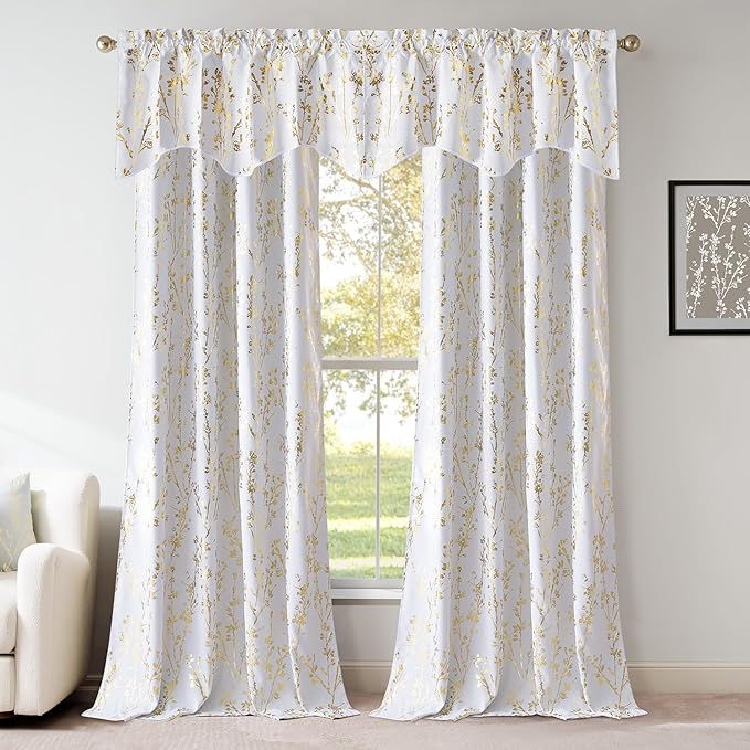 NICETOWN White Blackout Floral Kitchen Valances for Windows, Gold Foil Flower Shadow Printed Scalloped Drapes 18 Inch Length with Rod Pocket for Bathroom, W42×L18, 1 Panel