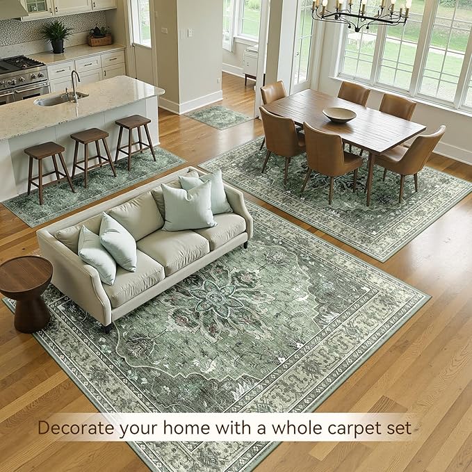 Area Rugs 9'x12' Washable Non-Slip, Floral Vintage Distress Print Pattern Medallion Carpet for Living Room Bedroom Dining Room, Dark Green Gray