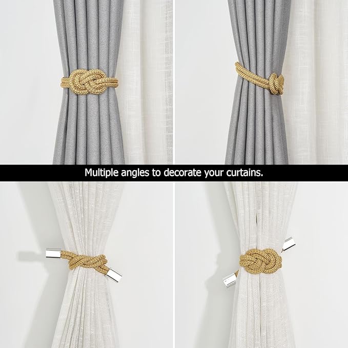 NICEEC 2 Pack Mini Magnetic Curtain Tiebacks Nordic Simple Style Drape Tie Backs Elegant Hand Weave Rope Knot Decorative Curtain Holdbacks for Home & Office Thin Window Drapery (Gold)
