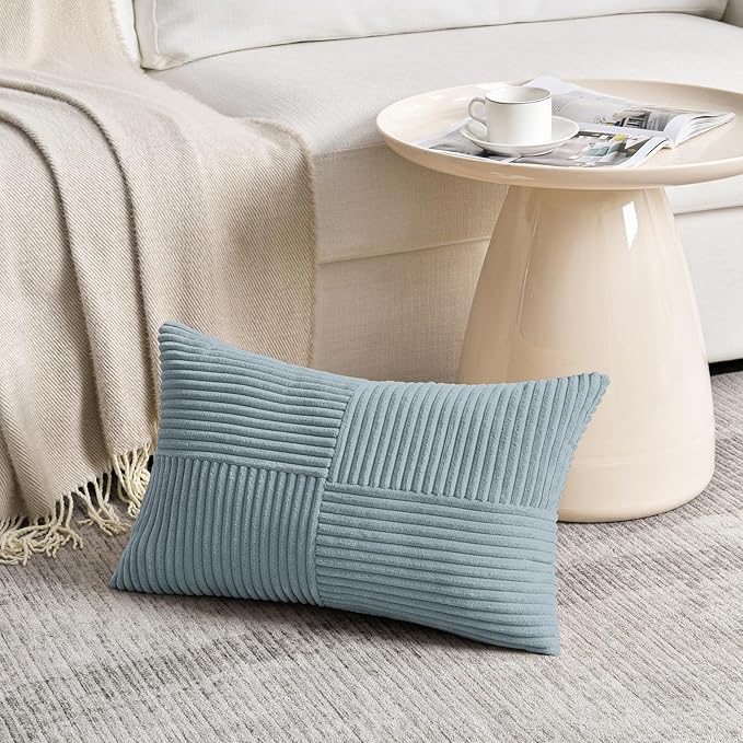Fancy Homi Set of 2 Light Blue Long Lumbar Decorative Throw Pillow Covers 12x24 Inch for Couch Bed Sofa, Rustic Farmhouse Boho Home Decor, Soft Striped Corduroy Rectangle Accent Cushion Case 30x60 cm