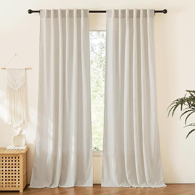 RYB HOME Linen Curtains 84 inches for Living Room, Semi Sheer Farmhouse Light Filtering Half Privacy Window Drapes for Bedroom Dining Room Nursery, Natural Beige, W 52 x L84 inches, 2 Panels