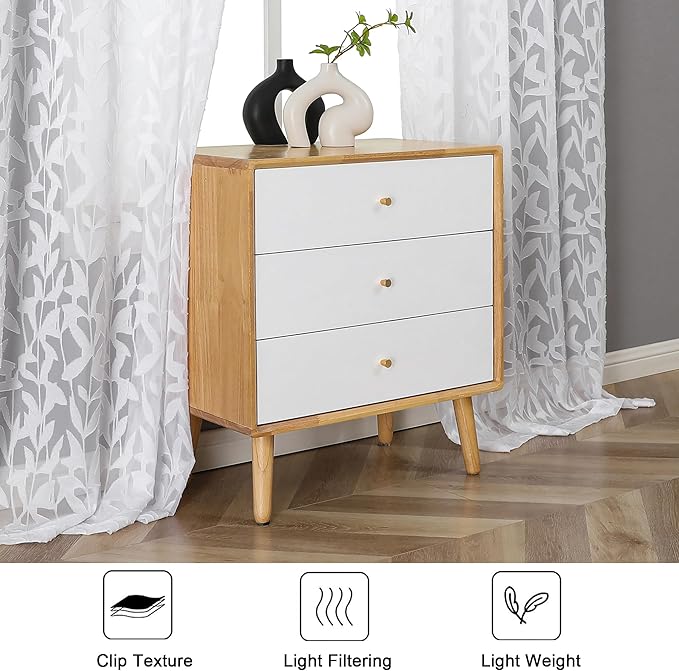 Lecloud Leia Living Room Sheer White Curtains 72 Inches Long, Light Filtering Semi Voile Curtains Jacquard Texture Bedroom Panel, Dual Rod Pockets Leaves Window Drapes for French Door, 38W x 72L