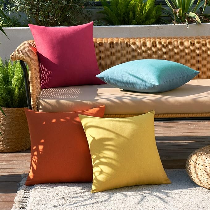 MIULEE Pack of 4 Decorative Outdoor Throw Pillow Covers Linen Waterproof Pillow Covers Farmhouse Cushion Cases for Patio Garden Tent Balcony Couch Sofa 16x16 inch Red/Turquoise